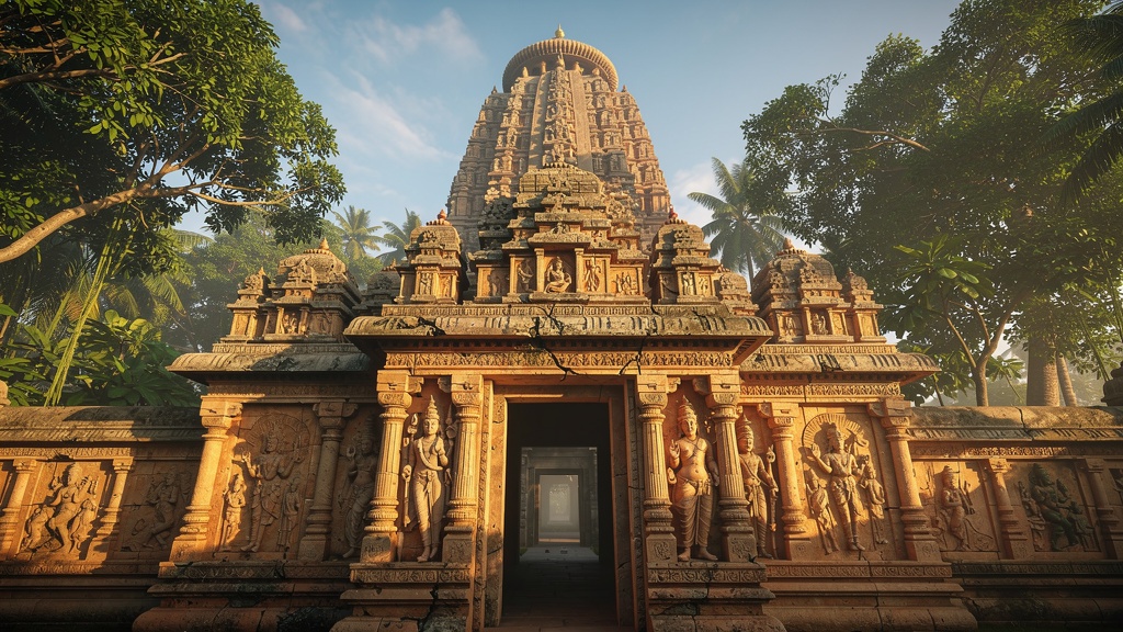Majestic ancient Hindu temple in Balasore, Odisha featuring ornate Kalinga architecture with intricate stone carvings, tall shikhara tower, and lush tropical trees in golden morning light