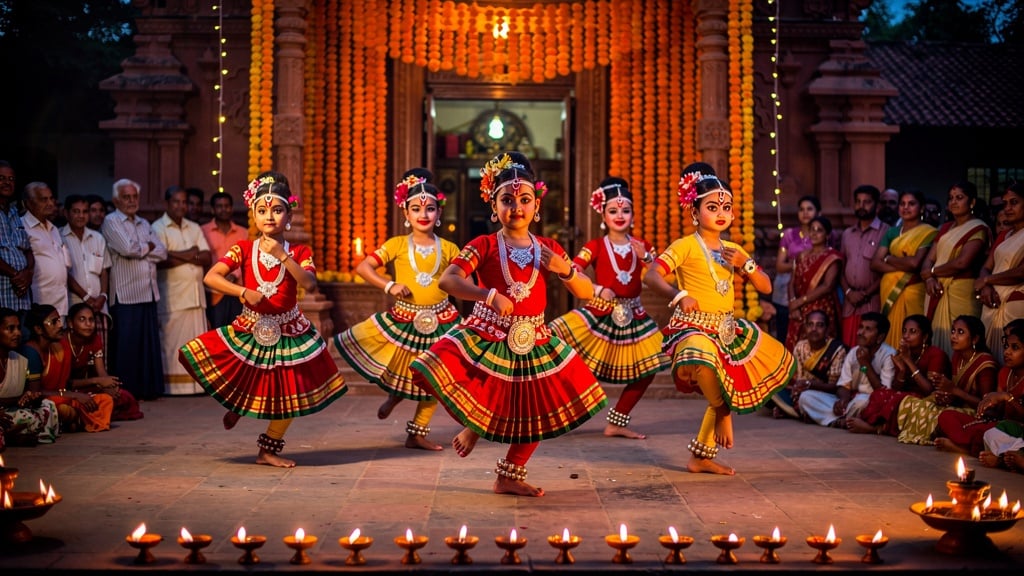 Vibrant traditional Odia cultural festival celebration in Odisha with colorful Gotipua dancers performing in traditional costumes with elaborate makeup and jewelry in front of a decorated temple